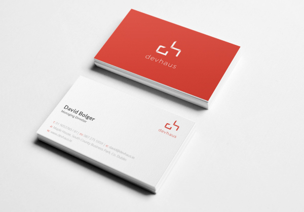 Image of business cards produced for newly rebranded company devhaus