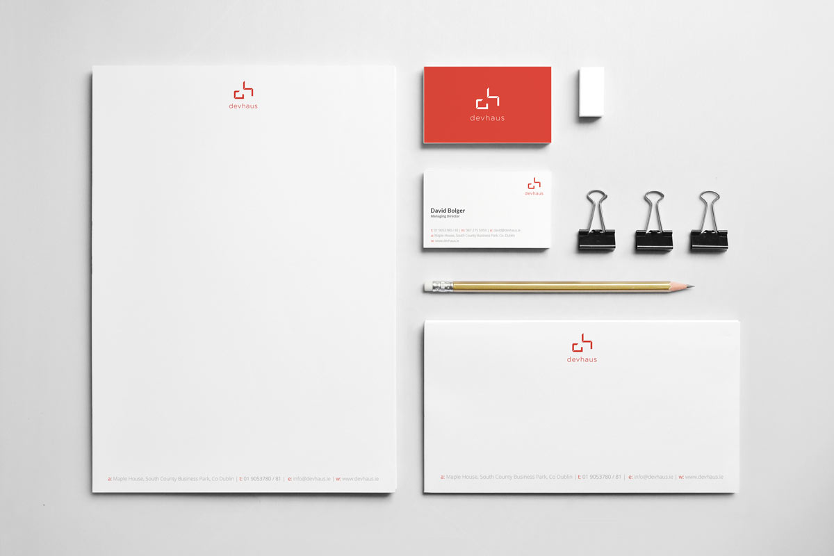 Image of the complete redesigned devhaus stationery set